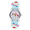 Detailed view of kids quartz watch with 3D unicorn and rainbow on light blue silicone strap - Sky Blue