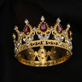 Baroque gold crown with red teardrop gemstones and clear rhinestones on black silk - Gold + Purple Drop