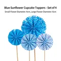 Blue sunflower cake topper set with 4 paper fans in polka dots and stripes, 4cm and 6cm - Blue Sunflower Topper