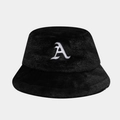 Close-up view of black faux fur bucket hat with white embroidered A letter - Black