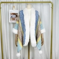 Ethnic knit shawl with blue zigzag patterns, faux fur trim and decorative pom-poms - Blue Khaki