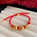 Handwoven red rope bracelet with three gold plated lucky beads and adjustable clasp - Cute Three Zodiac Beads Style (14# Bracelet-Red)