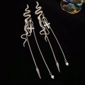 Detail of silver snake earrings with rhinestone cross, long tassels and faux pearls - 20# 925 Sterling Silver Earring Post - Silver Zircon Snake Cross Drop Earrings