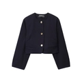 Navy blue cropped blazer with golden embossed buttons and woven texture on white background - XS / Tops