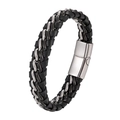 Herren Lederarmband mit doppelten Titanstahlketten und Magnetverschluss im Punk-Stil - 18.5cm / Silber & Schwarz