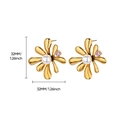 Golden flower earrings featuring a white pearl and pink zircon heart, size 32mm - 32mm Pink Gem Flower Pearl Studs(E5485)