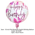 Detail of 18 inch white foil balloon with pink butterflies and Happy Birthday text - Pink Butterfly English Birthday Balloon