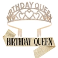 Set corona Birthday Queen dorata con strass e fascia glitterata per feste di compleanno - Stile Alfabeto Regina (Set 4) / Diadema Oro + Fascia Oro (Set 4)
