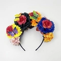 Detail of colorful artificial roses and butterflies on Day of the Dead headband - Style 5