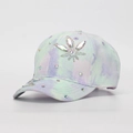 Close-up of children's tie-dye baseball cap with colorful rhinestone flower design - One Size / Purple Mint Green Tie Dye