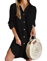 Close-up of black button-down shirt dress with wooden buttons and side slit detail - S / Dresses / Black