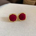Detail of square gold earrings with deep red velvet inlay on beige fabric background - Rounded Square / Wine Red (925 Silver Needle)
