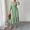 Abito midi verde a pois con scollo a V e bottoni sul davanti per le vacanze estive donna - S / Verde
