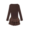 Brown long sleeve mini dress with knitted bodice and layered satin ruffled hem - S / Coffee