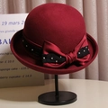 Elegante sombrero de lana burdeos con lazo, encaje y perlas al estilo vintage francés - M (56-58cm) / Burdeos