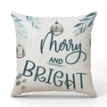 Weihnachts-Kissenbezug aus Leinen mit Rentier-Motiv und Merry and Bright Druck - Froh und Hell - Blaugrüne Blätter