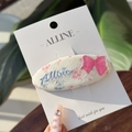 Floral fabric hair clip with 3D pink bow and Alline embroidery on display card - Bow Pink Floral Oval BB Clip