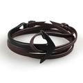 Close-up of brown leather multilayer bracelet with black metal anchor hook clasp - Black Coffee