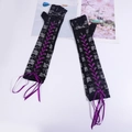 Black lace fingerless long gloves with purple ribbon lace-up detail and punk style - Black Lace with Purple Ribbon