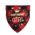Detail of red and black buffalo plaid dog birthday bandana with golden Birthday Girl text - Red Plaid Girl