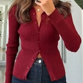 Women's dark red ribbed knit long sleeve button-up cardigan with a V-neckline style - S / Dark Red