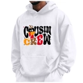 Weißer Fleece-Hoodie mit Cousin Crew Aufdruck und Erntedank-Truthahn Motiv für Damen und Herren - S / Weiß