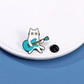 Cute cartoon white cat badge playing a blue guitar crafted in durable metal finish - Cat Playing Guitar Style (CZ0742-2)
