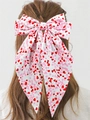 White satin bow hair clip with red heart prints and long ribbons for elegant hairstyles - Streamer Clip White Pink Heart