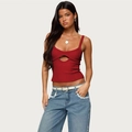 Camiseta de punto acanalado rojo oscuro ajustada con detalle de abertura y tirantes - S / Burdeos