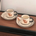 Ceramic coffee cup set with 3D brown dog, black handle, and matching saucer - Set (Cup+Plate+Spoon)-Simple Black Stripes / Black