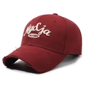 Burgundy cotton baseball cap featuring white 3D embroidery and distressed brim detail - Burgundy
