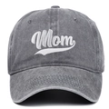 Detailed macro view of Mom embroidery on washed gray cotton twill baseball cap - Gray (Mom)