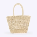Borsa tote in paglia intrecciata beige chiaro con manici tondi e motivo a rete - Beige Traforato