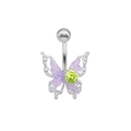 Bauchnabelpiercing in Silber mit lila Schmetterling und kleiner grüner Rose - Lila und Grün
