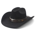 Classic black faux suede cowboy hat with brown leather band and silver bull skull emblem - M (56-57cm) / Black