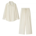 Damen Loungewear-Set in Creme mit Rippenstruktur und feinen Spitzenbesatzdetails - Gelbes Set
