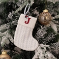White knitted Christmas stocking with red embroidered letter J on festive tree - Embroidered Knitted Small Sock White J