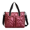 Wine red quilted puffer crossbody bag with glossy finish and adjustable shoulder strap - Double Pocket Style / Red
