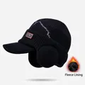 Winter black knit earflap hat with warm fleece lining and mountain patch for men - 9624-Black / Black