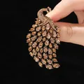 Champagne crystal peacock brooch pin for suits, 7.6cm x 4.2cm size hand-held view - YNCP6593 Peacock / 7.6cm*4.2cm / Coffee/Gold
