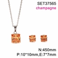 Champagne square zircon necklace and earrings set in silver-tone stainless steel finish - Silver-Champagne Stone