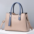 Borsa a mano beige in pelle PU con manici blu e dettagli in metallo oro - Cachi