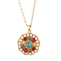 Gold plated flower pendant necklace with central blue gem and colorful stones - 9063 Gold Colorful Floral