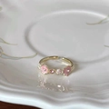 Adjustable S925 silver ring with pink enamel flowers and sparkling crystals - Three-color Pink Flower Enamel (J6116)