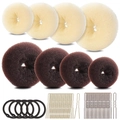 Detailed view of hair bun maker set with donut rings, elastic bands and U-shaped pins - 53-Piece Dual Color Set / Beige/Dark Brown