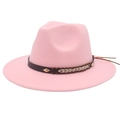 Detail of pink wool fedora hat featuring a brown braided leather band with copper rivets - M (56-58cm) / Pink