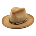 Gradient brown woven straw sun hat with leather band and bohemian embroidery - M (56-58cm) / Khaki + Caramel