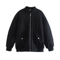 Detailed close-up of black bomber jacket with silver zipper and ribbed cuffs - XS / Black