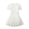 Robe courte blanche vintage française avec col en V et broderie ajourée chic - S / Blanc