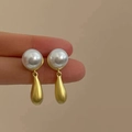 Elegant pearl stud earring with a matte gold teardrop pendant for a vintage French look - 4# Silver Pin - Gold Irregular Teardrop